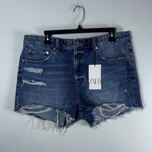 Zara Distressed Denim Shorts Womens Size 14 Blue Cut Off Frayed Hem NWT
